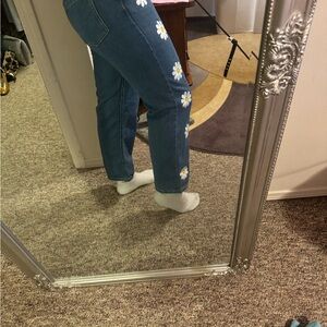 Vintage Blue Straight-Leg Jeans with Daisy Embroidery